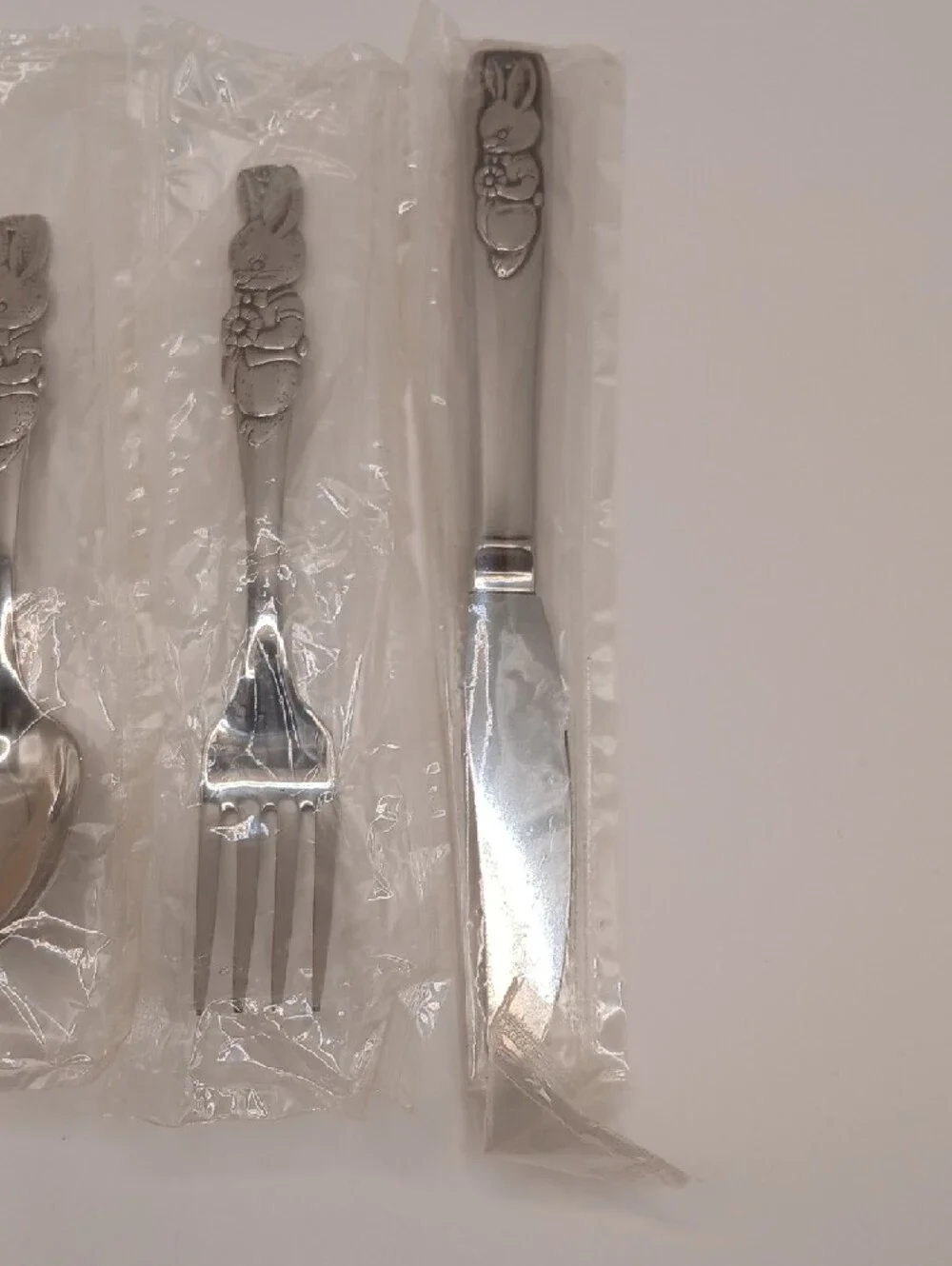 Oneida Peter Rabbit Child's Vtg Stainless Flatware Set of 4 (3 new, 1 used)